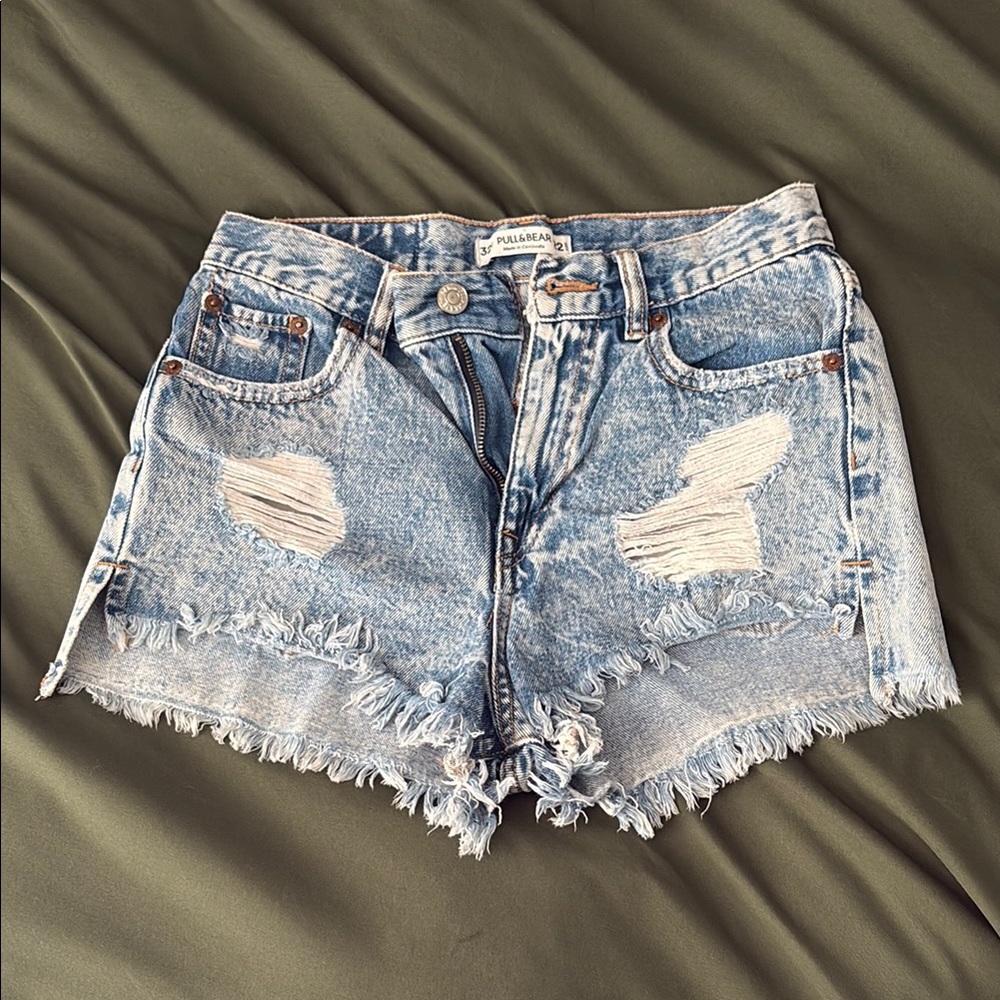 Pull&Bear Blue Jean Shorts Distressed High-Waisted